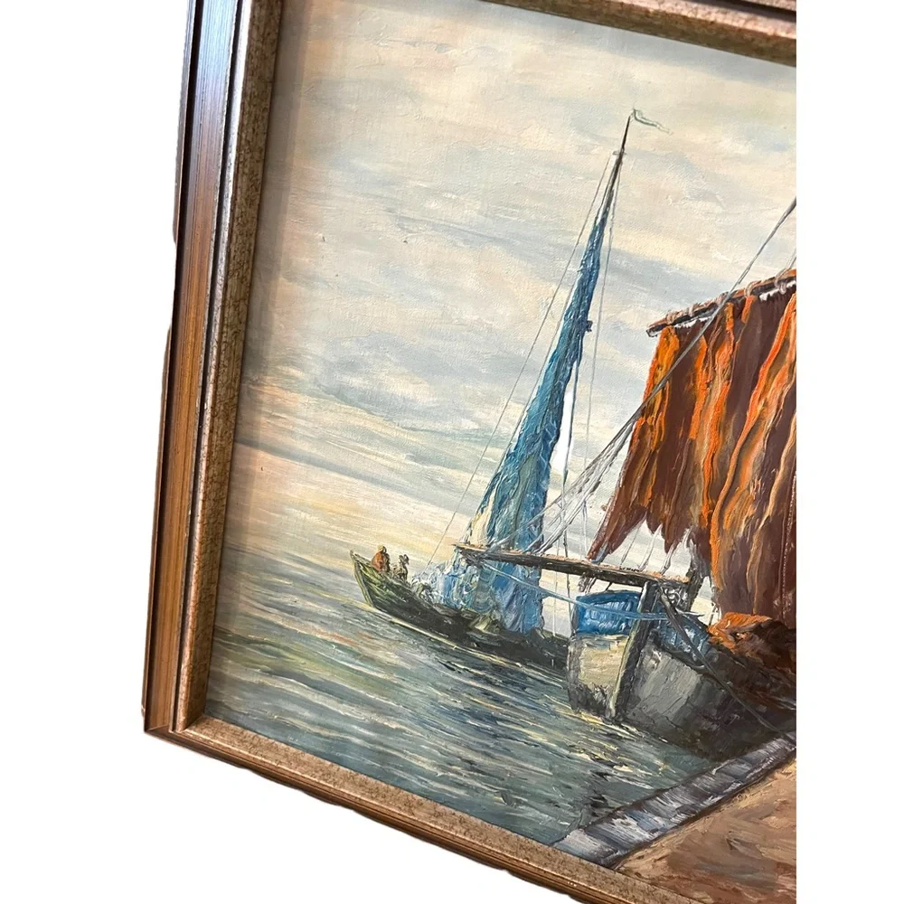 Vintage Nautical Oil Painting on Canvas Signed ROBERTO Sail boats Mid Century - Picture 4 of 12